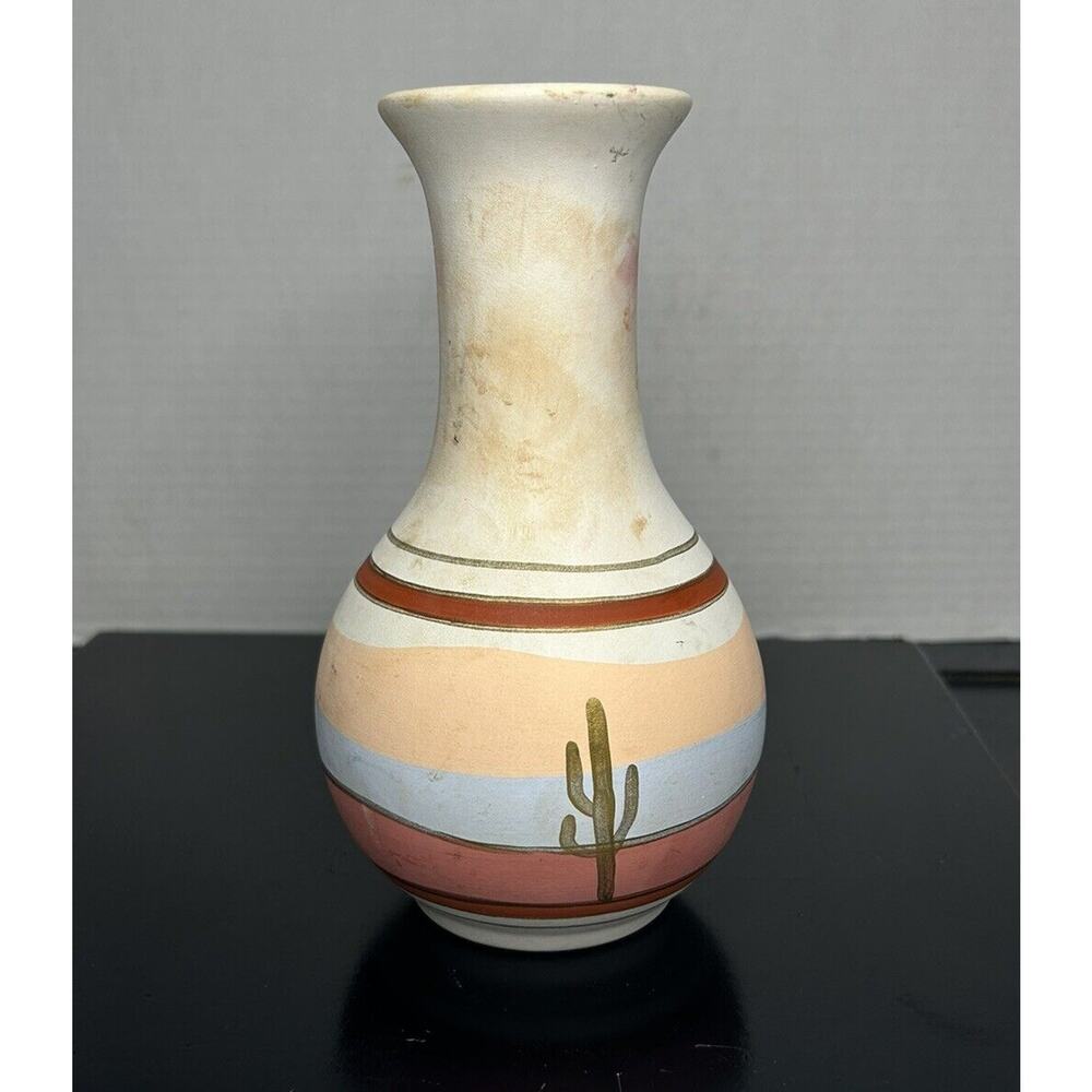 Tesa Handpainted Clay Vase USA Desert Cactus Pastel Pink Mauve Blue Vintage